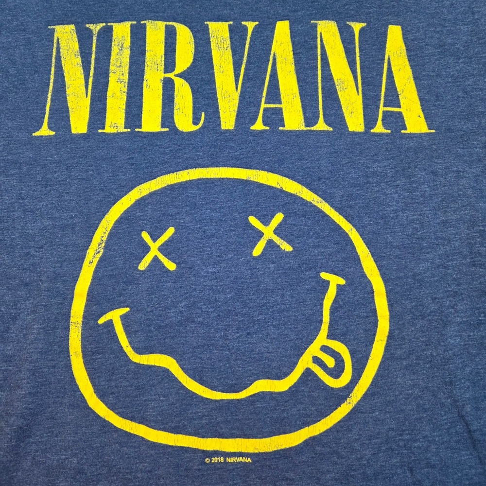 Nirvana Concert Tee Mens L 2018 Smiley‎ Face Graphic Short Sleeve Heather Blue